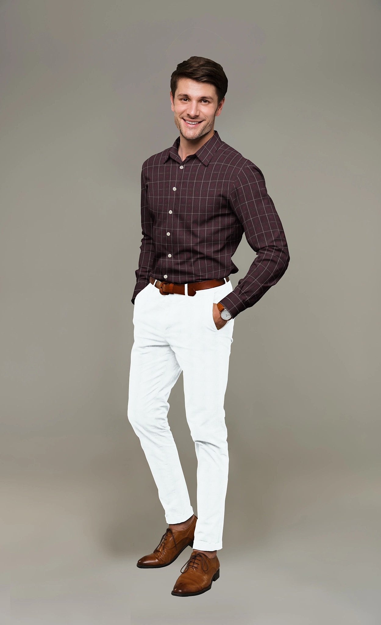 Raymond 100% Giza Premium Cotton Wine Colored Checks Fabric