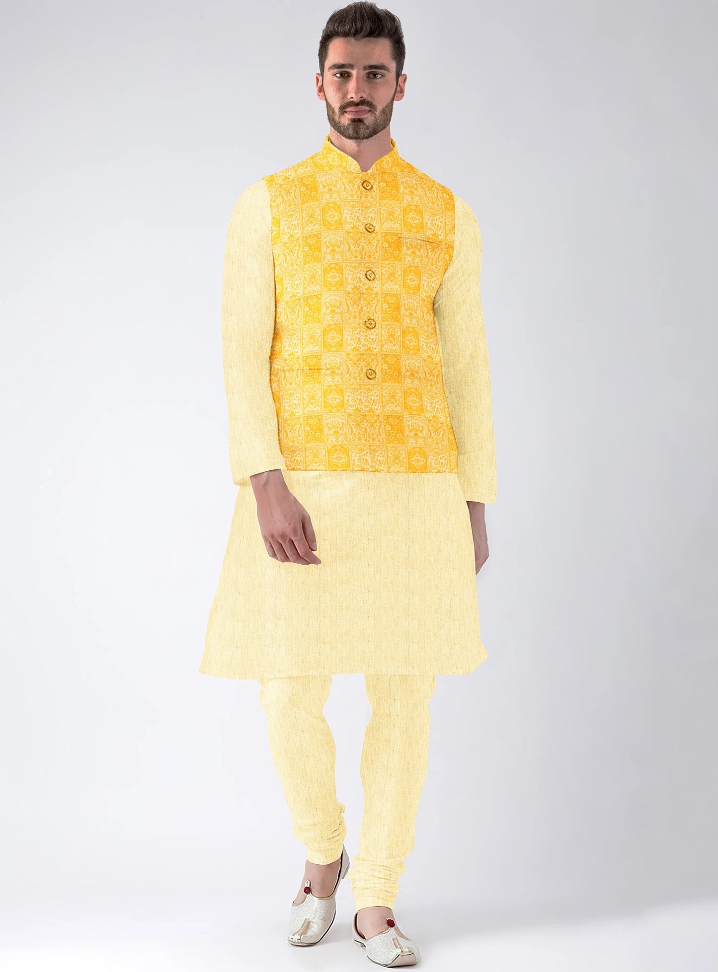 Tecido Cotton Blend Yellow Print Sequin Threaded Fabric