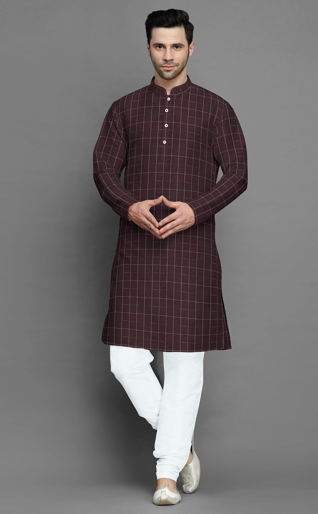 Raymond 100% Giza Premium Cotton Wine Colored Checks Fabric