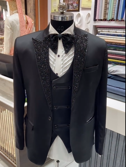 Designer Black Tuxedo With Lapel Pipework Embroidery