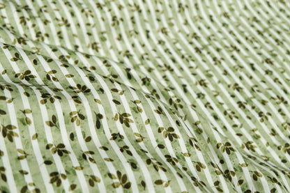 Raymond 100% Premium Cotton Green Floral Printed Stripe Fabric