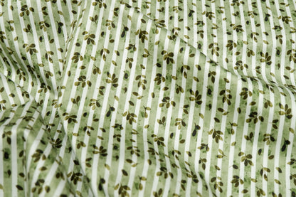 Raymond 100% Premium Cotton Green Floral Printed Stripe Fabric