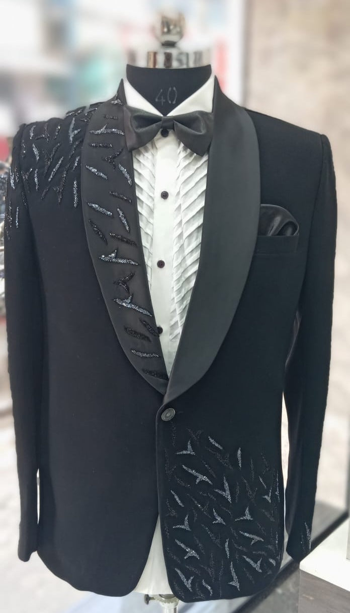 Designer Black Tuxedo With Full Body Pipework Embroidery - H.R.House Designer StudioH.R.House Designer Studio