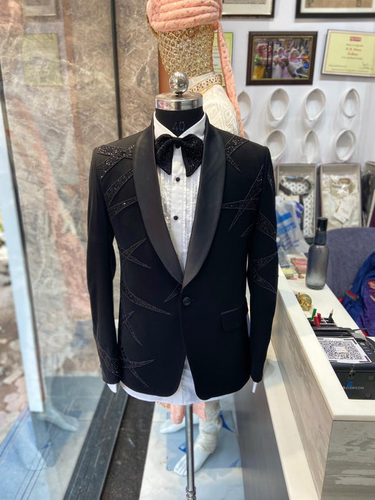 Designer Black Tuxedo With Full Body Pipework Embroidery - H.R.House Designer StudioH.R.House Designer Studio