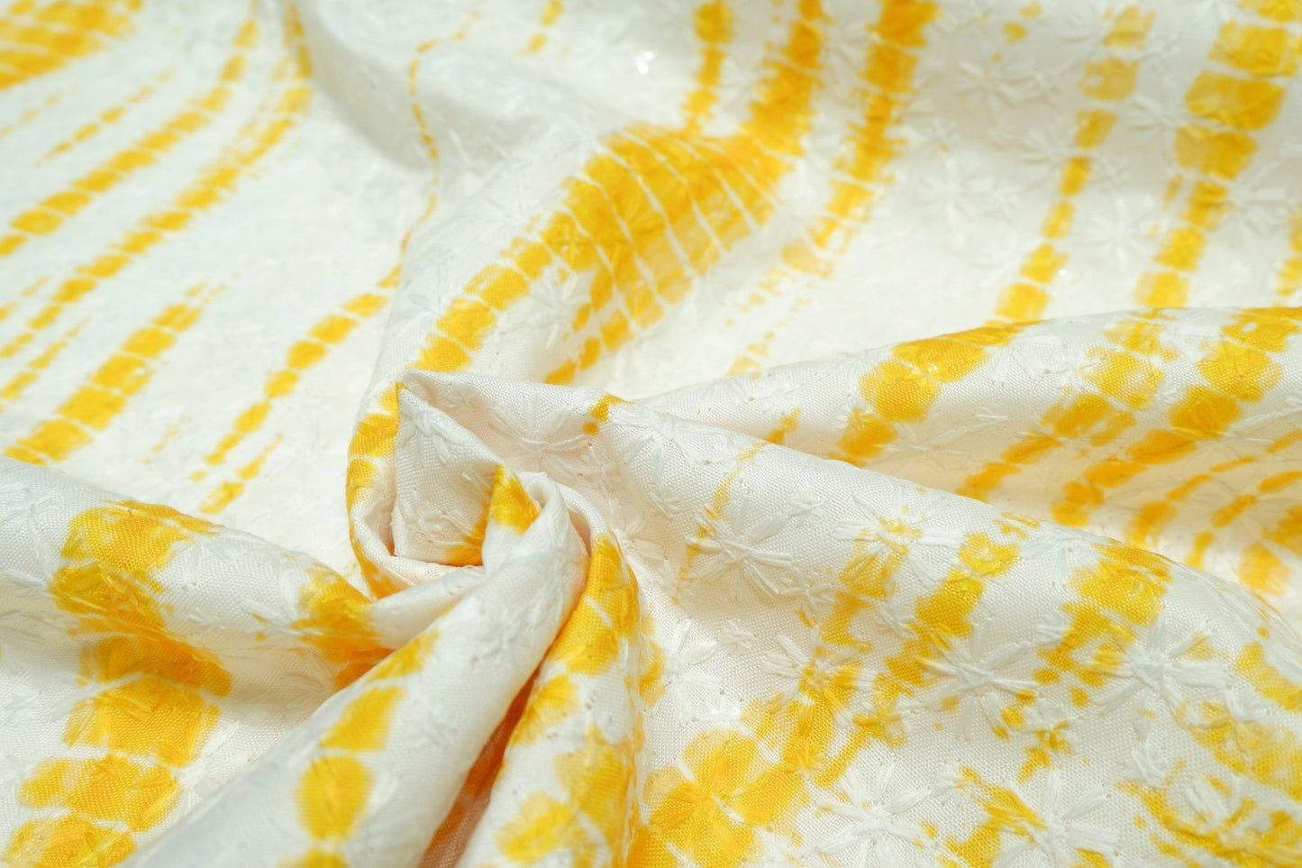 Pannama Cotton Blend Chikankari White With Yellow Shades Fabric - H.R.House Designer StudioPannama