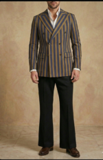 J. Hampstead Premium Super 100s Poly Wool Unstitched Fabric for Men | Bold Navy & Gold Striped Blazer Material | Rich Textured Cloth for Custom Tailoring - Image 3