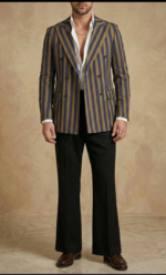 Close-up of J. Hampstead Super 100s Poly Wool fabric featuring bold navy blue and gold vertical stripes for custom blazer tailoring.