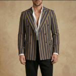 J. Hampstead Premium Super 100s Poly Wool Unstitched Fabric for Men | Bold Navy & Gold Striped Blazer Material | Rich Textured Cloth for Custom Tailoring